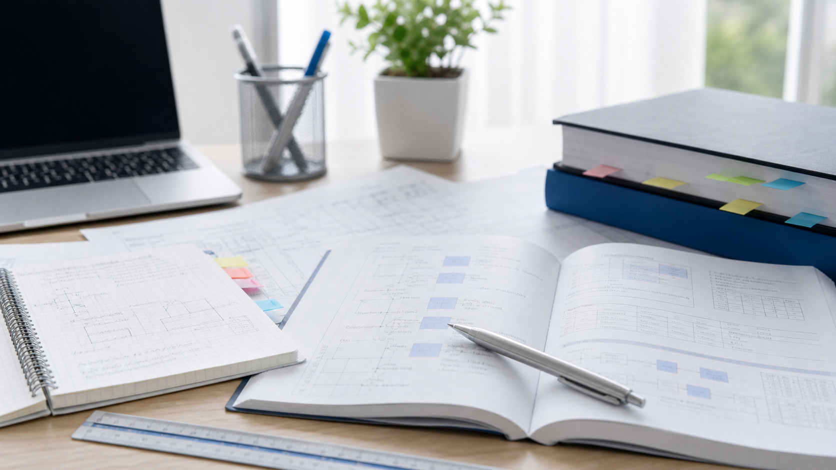 Desk setup with an open textbook and notebook on a wooden surface, a silver pen, ruler, laptop, plant in a white pot, and a stack of large books with colorful sticky notes nearby.