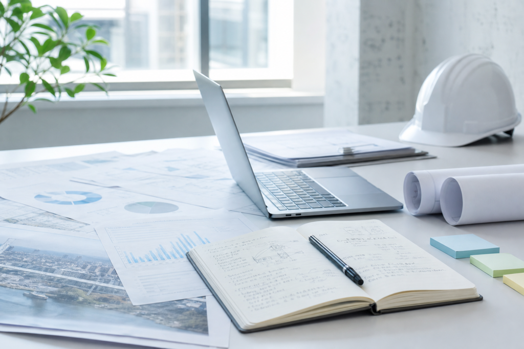 Desk workspace with an open laptop, architectural blueprints, notebooks, and a white hard hat near a sunny window.