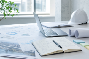 Desk workspace with an open laptop, architectural blueprints, notebooks, and a white hard hat near a sunny window.