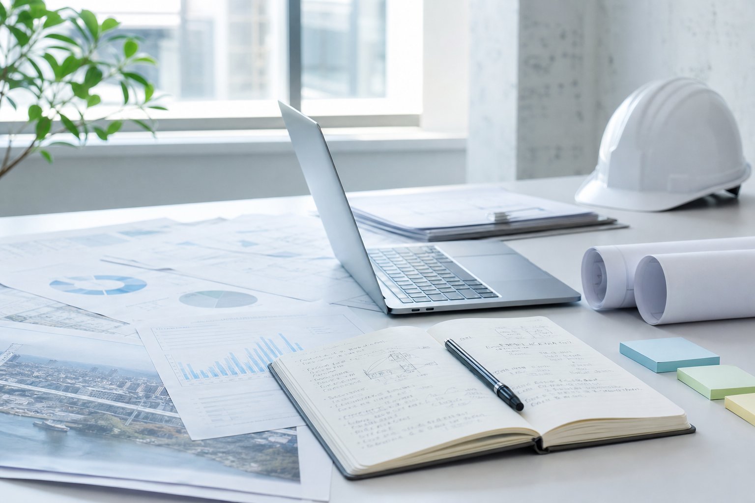Desk workspace with an open laptop, architectural blueprints, notebooks, and a white hard hat near a sunny window.