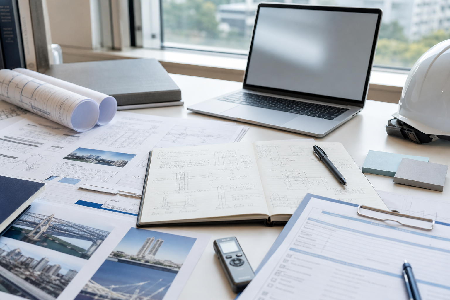 Architects' workspace with rolled blueprints, open notebook, photos of buildings, laptop, and a white safety helmet on a bright desk in a high-rise office period setting.