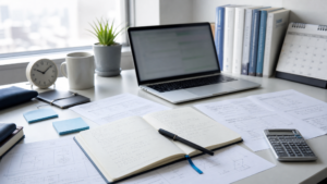 Desk workspace with laptop, clock, plant, books, calendar, and scattered notes and documents on a bright surface.
