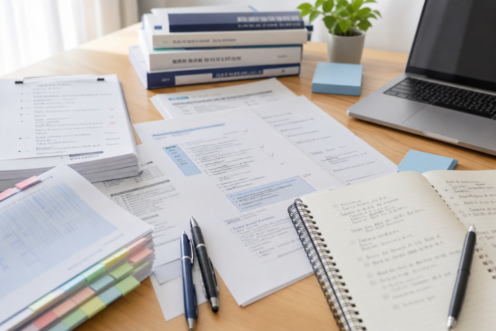 Cluttered desk with scattered documents, a spiral notebook, colorful sticky notes, pens, a laptop, and a small potted plant.