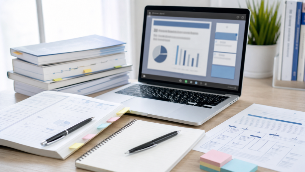 Open laptop on a desk showing charts and graphs, with notebooks, papers, and a plant nearby.