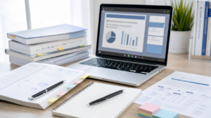 Open laptop on a desk showing charts and graphs, with notebooks, papers, and a plant nearby.