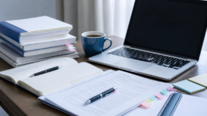 Desk workspace with laptop, open notebook, pen, sticky notes, and a stack of books with a blue mug of coffee nearby.