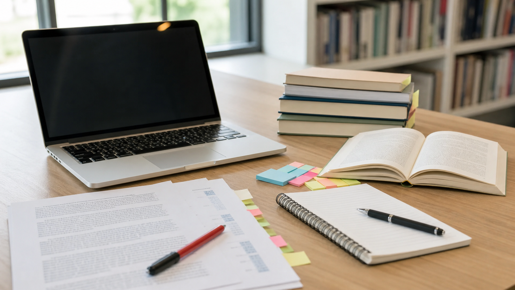 Laptop on a wooden desk with an open book, stack of books, sticky notes, notebook, and scattered papers in a study/library setting.