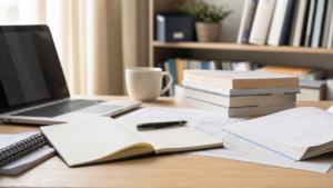 Desk workspace with a laptop, open notebook, pen, mug, and a stack of books on a wood table.