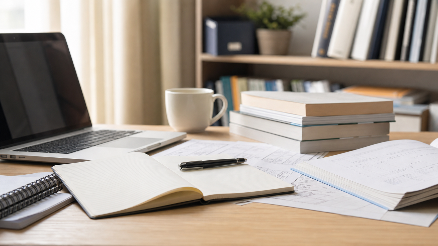 Desk workspace with a laptop, open notebook, pen, mug, and a stack of books on a wood table.
