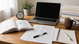 A study desk with an open book, papers, notebook, pen, laptop, clock, plant, and a coffee mug.