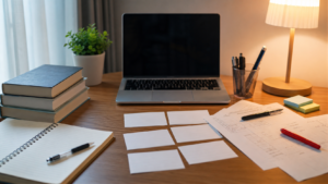 Organized desk with laptop, notebook, sticky notes, books, and a lamp in a tidy home office setup.