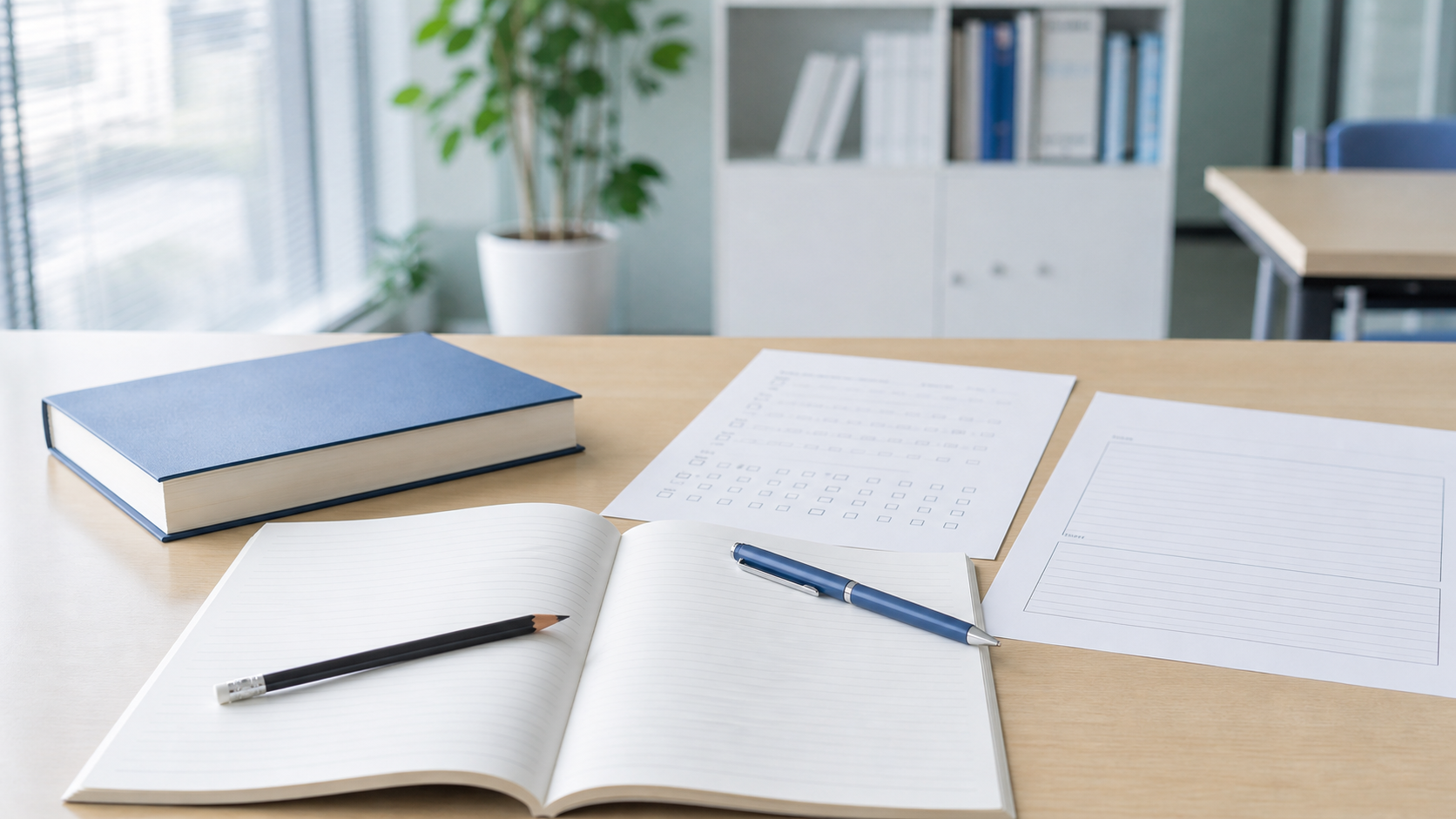 Open notebook with a pencil and blue ballpoint pen on a light wooden desk, beside a blue hardcover book and printed checklists on the desk.