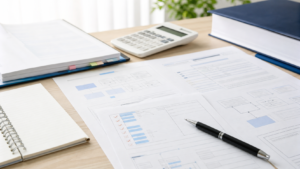 Desk workspace with printed charts and graphs, notebook, pen, calculator, and blue binder on a wooden table.