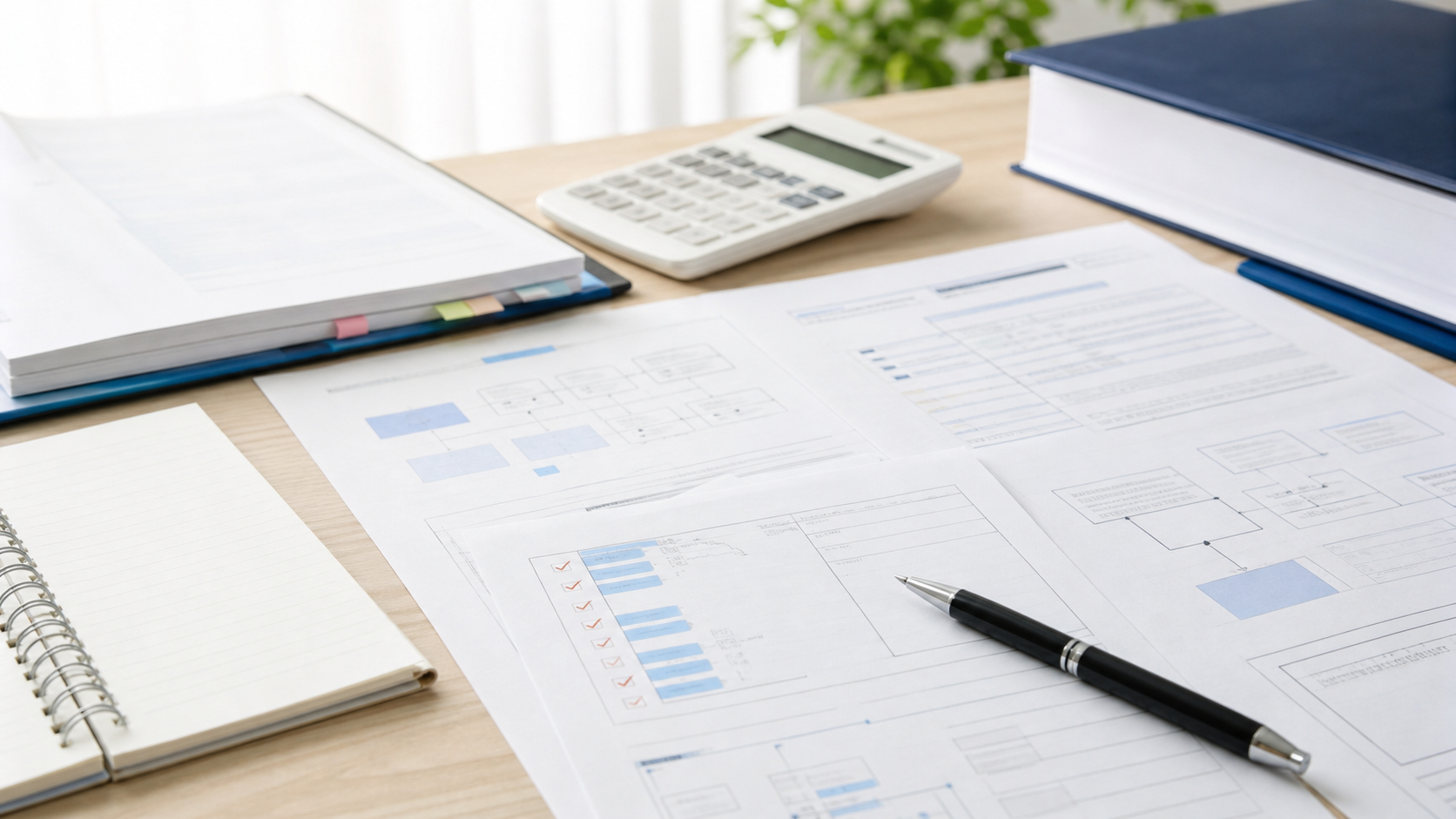 Desk workspace with printed charts and graphs, notebook, pen, calculator, and blue binder on a wooden table.