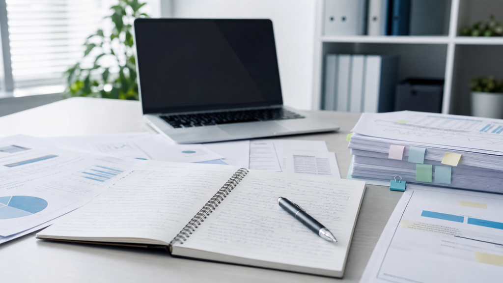 Desk workspace with an open notebook, pen, laptop, and scattered charts and documents on a light desk.