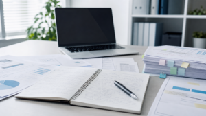 Desk workspace with an open notebook, pen, laptop, and scattered charts and documents on a light desk.
