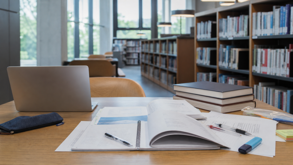 Study desk in a library with a silver laptop, open notebooks, and a stack of books beside scattered stationery.