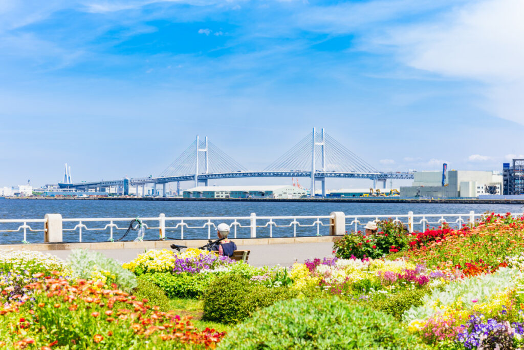 Colorful flower beds along a seaside promenade with a large suspension bridge and harbor in the background.