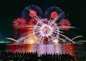 Night scene of colorful fireworks exploding over a waterfront, with a silhouetted crowd watching and reflections on the water.