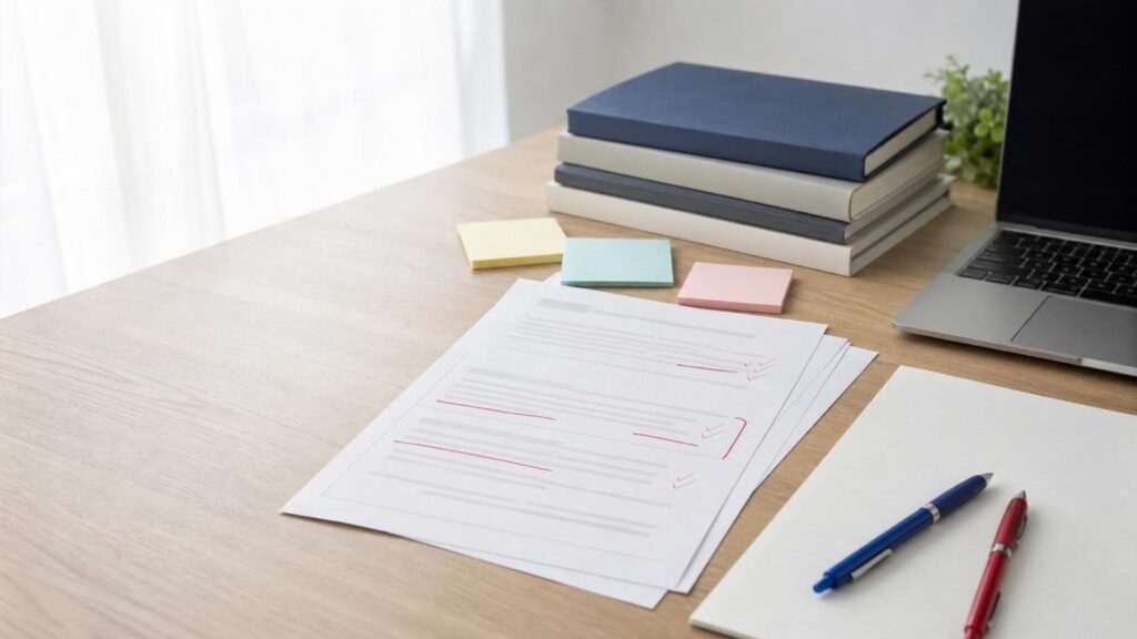 Organized workspace with a stack of notebooks, colorful sticky notes, printed documents, and a laptop on a wooden desk.