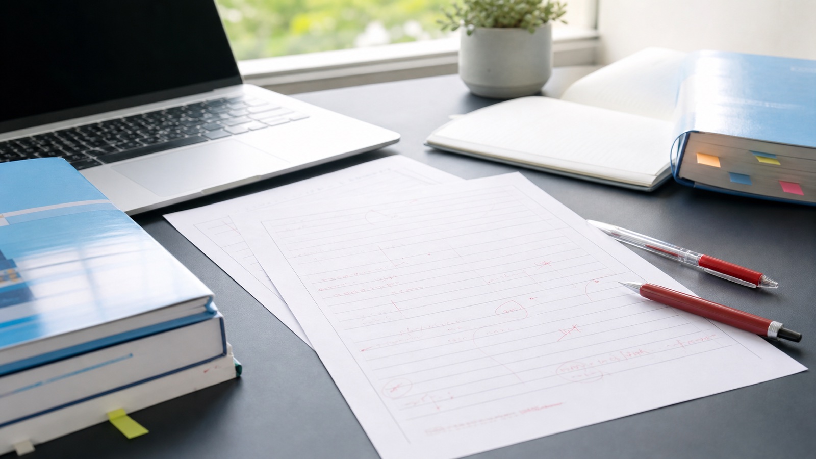 Work desk with an open laptop, scattered notes, textbooks, and a potted plant by a window.