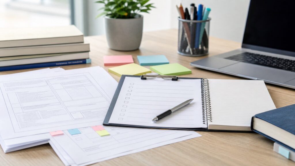 Desk workspace with an open spiral notebook and pen, papers with sticky notes, a laptop, books, and a potted plant on a wooden surface.