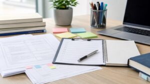 Desk workspace with an open spiral notebook and pen, papers with sticky notes, a laptop, books, and a potted plant on a wooden surface.