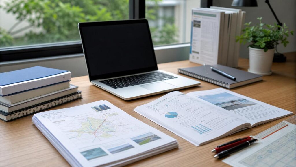 Workspace scene: open laptop on a wooden desk surrounded by reports, notebooks, and a potted plant by a window.