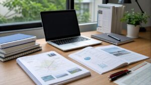 Workspace scene: open laptop on a wooden desk surrounded by reports, notebooks, and a potted plant by a window.