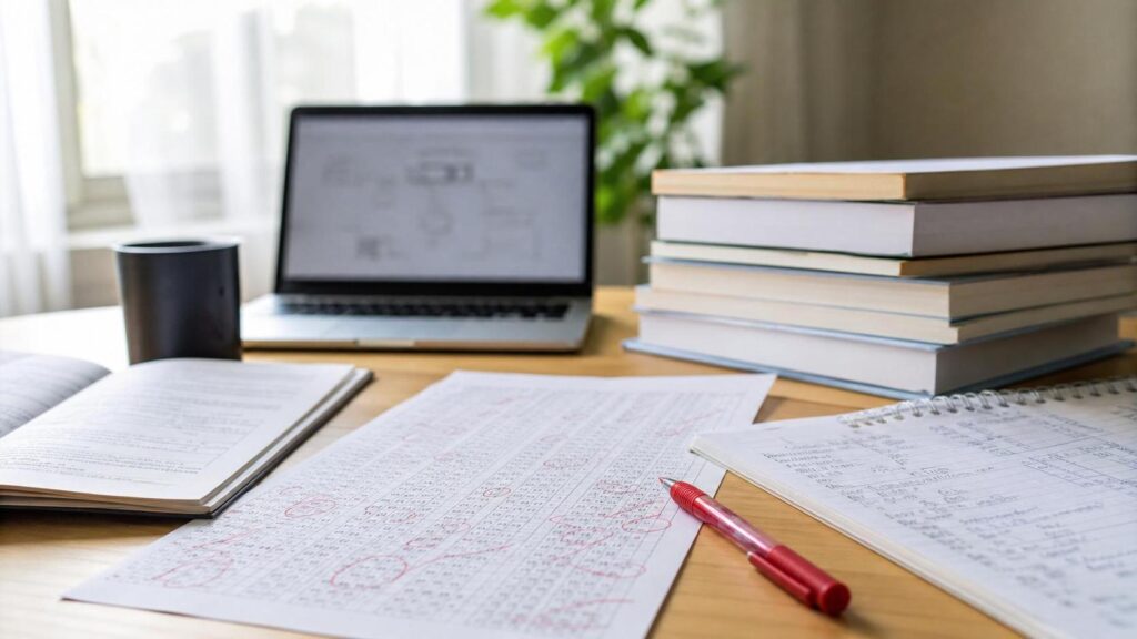 Study desk with open notebook, scribbled notes, a red pen, laptop, mug, and a tall stack of books by a window.