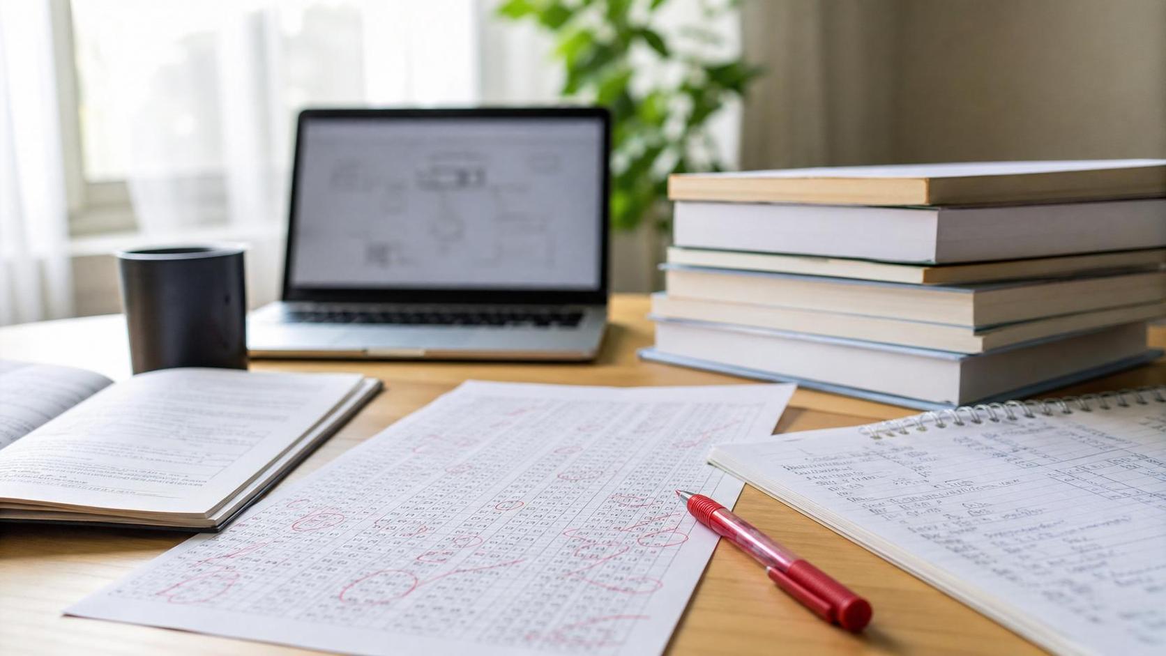 Study desk with open notebook, scribbled notes, a red pen, laptop, mug, and a tall stack of books by a window.