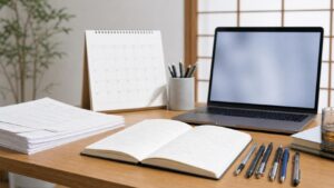 Open notebook with sketches on a wooden desk, beside a laptop, calendar, and a cup of pens/pencils.