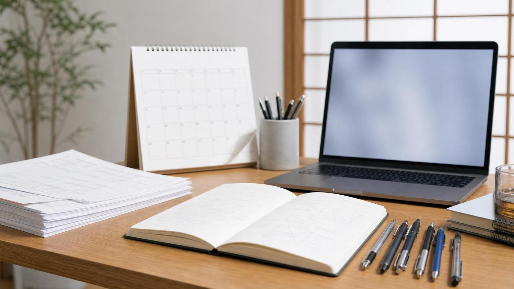 Open notebook with sketches on a wooden desk, beside a laptop, calendar, and a cup of pens/pencils.