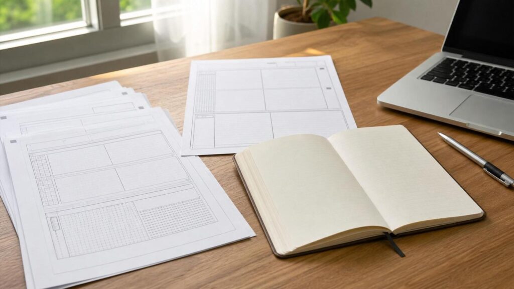 Desk with architectural plans, an open blank notebook, and a laptop by a window.