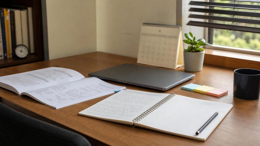 Desk workspace by a window with open books, a closed laptop, a spiral notebook, a calendar, a small plant, sticky notes, and a black mug.