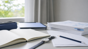 Open notebook with blank pages on a tidy desk, alongside a pencil, watch, and a stack of documents by a window.