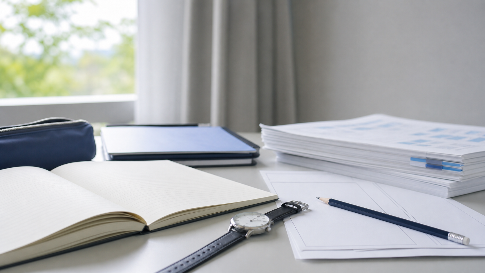Open notebook with blank pages on a tidy desk, alongside a pencil, watch, and a stack of documents by a window.