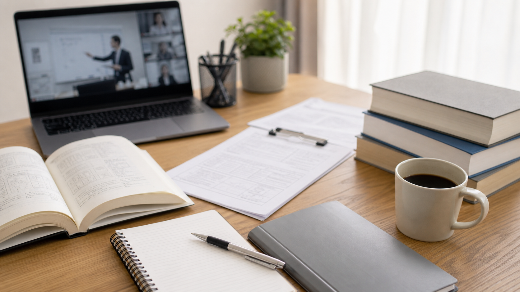 Desk with a laptop in a video call, open book, notebook, clipboard, stacked books, and a mug of coffee.