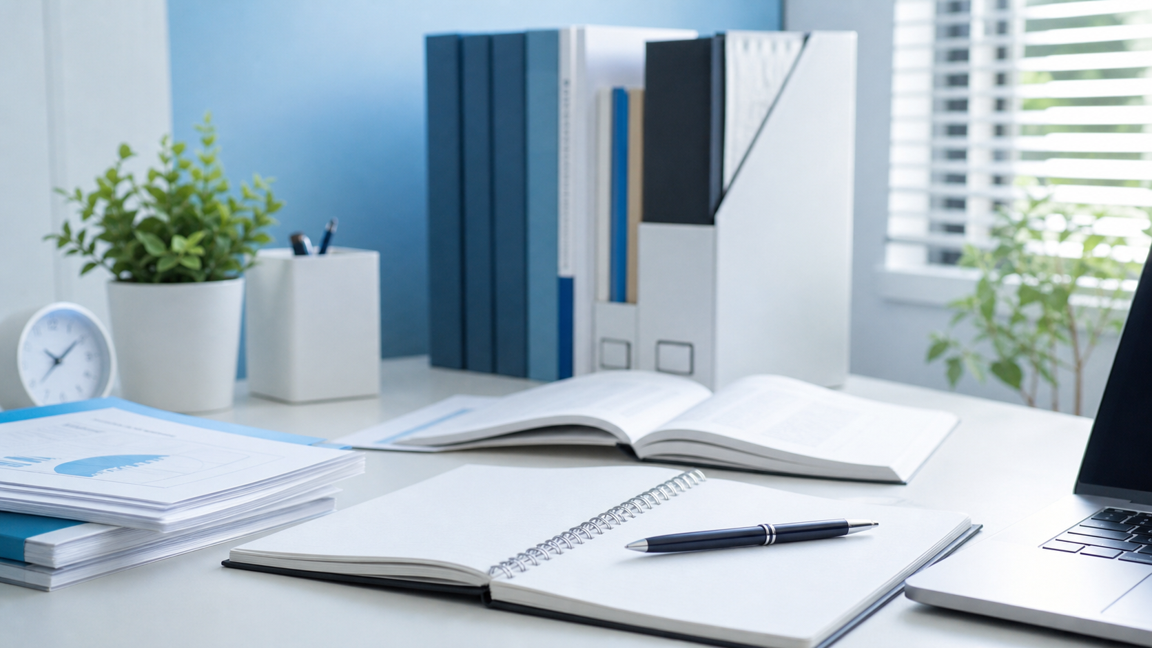 Open spiral notebook and pen on a clean office desk with stacked documents, blue file folders, a plant, a clock, and a laptop by the window in the background.