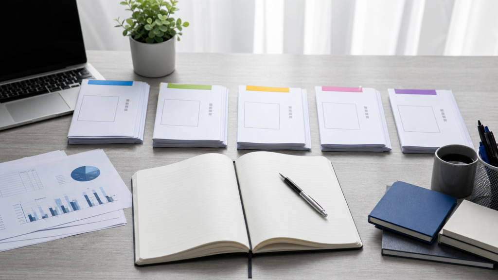 Open notebook with a black pen on a light desk, surrounded by charts, several stacks of white folders with colored tabs, a laptop, a plant, and a coffee mug.