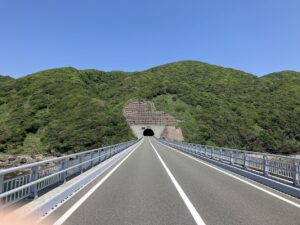 Two-lane highway on a bridge entering a dark tunnel carved into a green mountain under a clear blue sky.