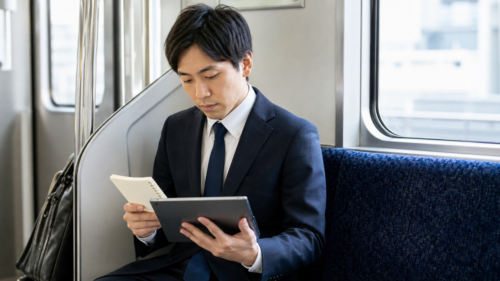 通勤時間にノートとタブレットで技術士二次試験を学ぶ社会人