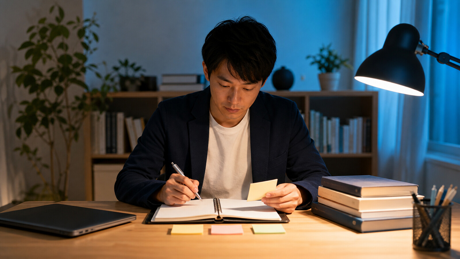 仕事後に技術士二次試験の学習予定を整理する社会人