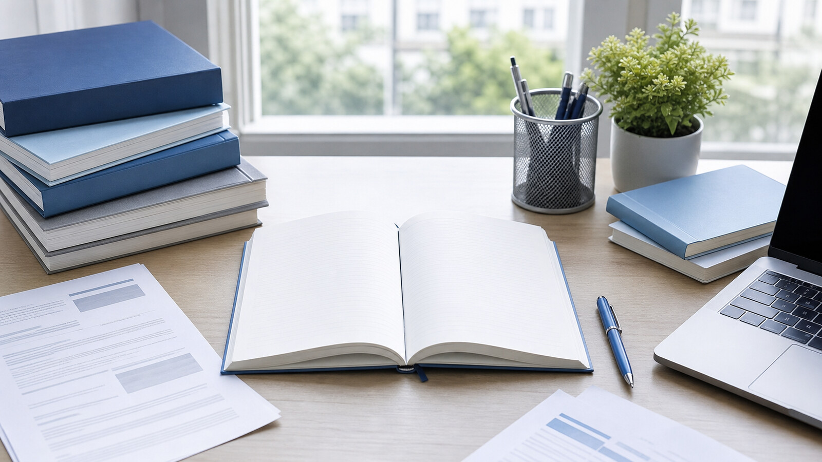 技術士二次試験の論文構成を考えるためのノートと参考書が並ぶ勉強机