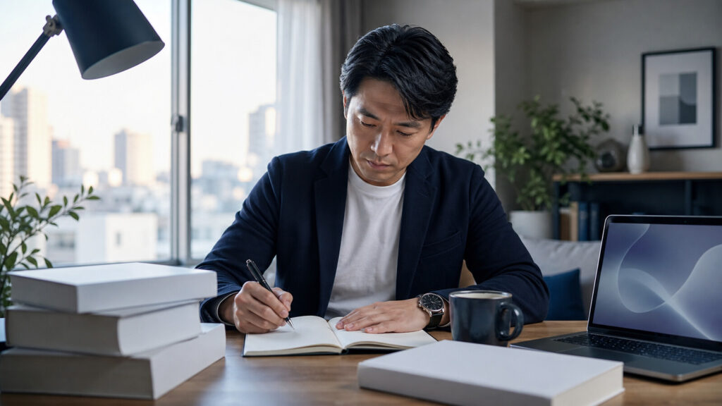 仕事前の時間を使って技術士二次試験の勉強に取り組む社会人