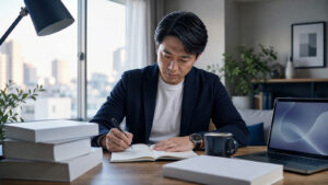 仕事前の時間を使って技術士二次試験の勉強に取り組む社会人