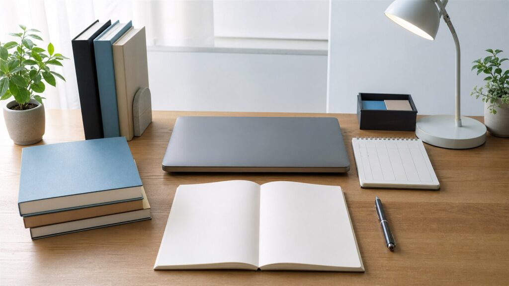 技術士二次試験の独学を進める参考書とノートの学習机