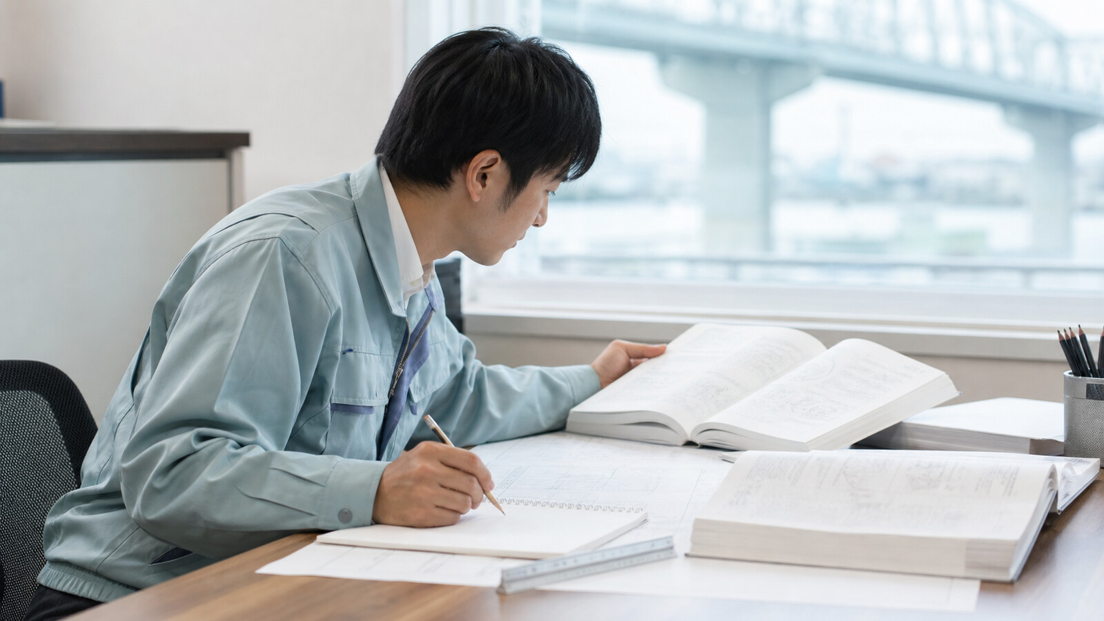 建設分野の専門資料と実務書類を照合して論文の論点を考える技術者