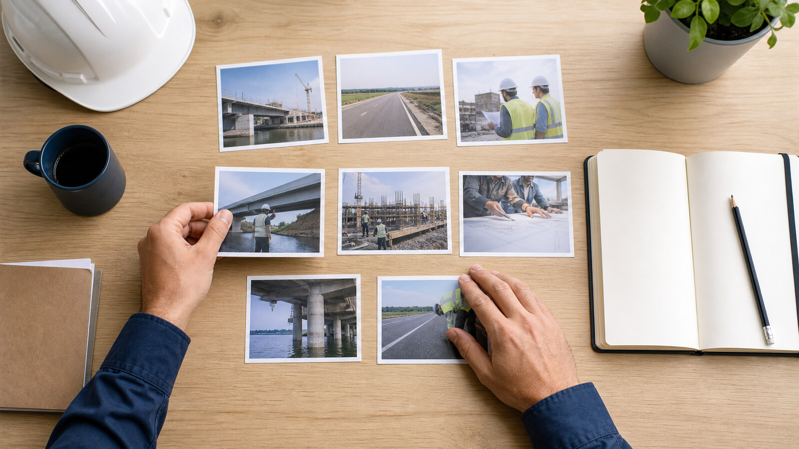 建設現場の実務経験を写真カードで振り返り論文材料を整理する様子