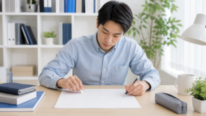 技術士二次試験の答案用紙で誤字を消して書き直す受験者